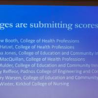 Presentation slide stating the 3MT judges are submitting their scores.